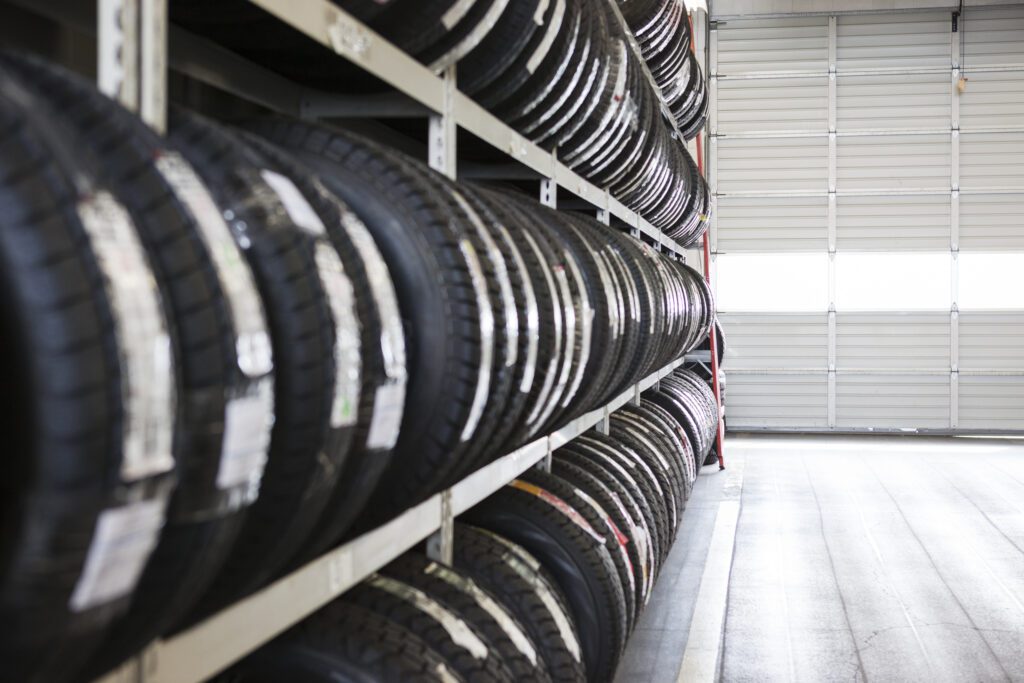 Different types of tires displayed in a shop.