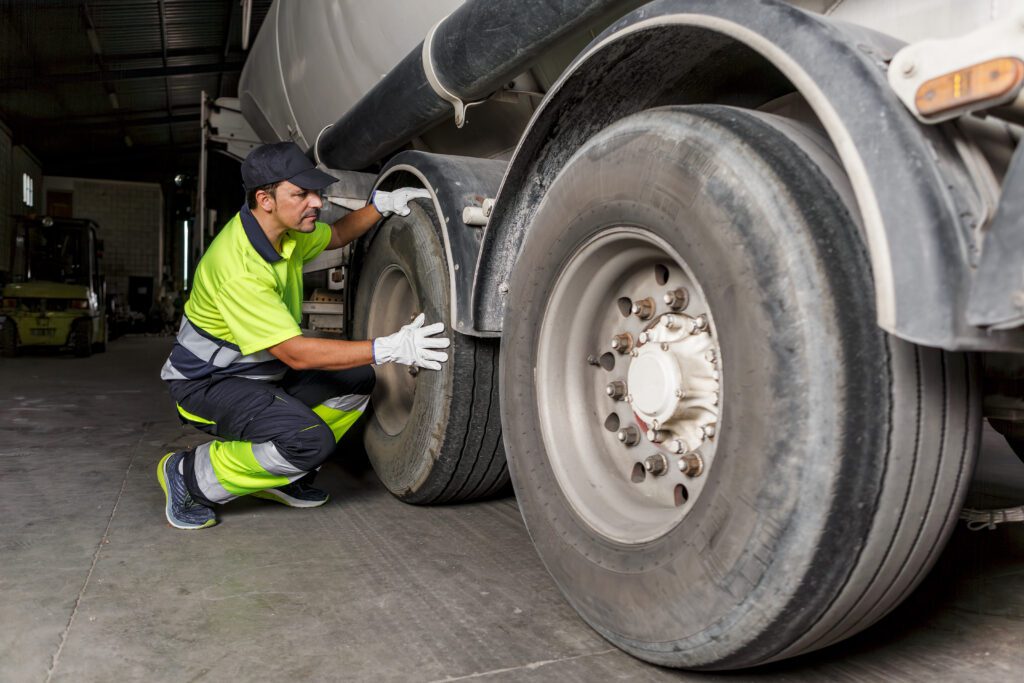 Mechanic performing a commercial truck tire replacement inspection.